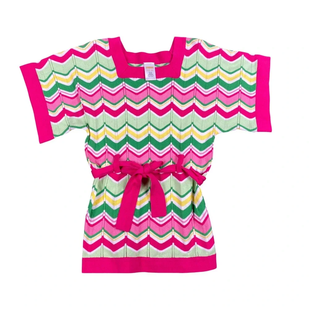 Gymboree Girls Pink Green Chevron Knit Sweater Dress Tie Waist Size S 5-6